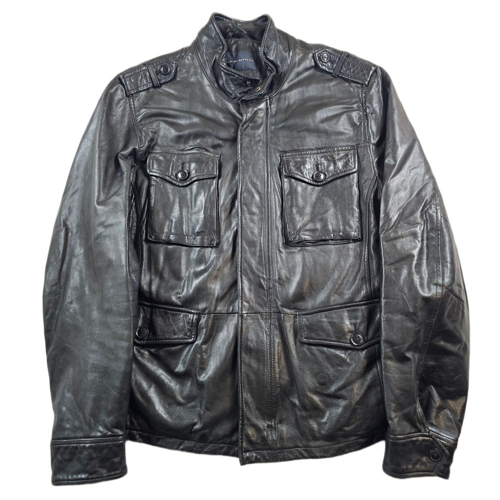 Banana Republic Leather Field Jacket Mens Large Black Y2K Military Utility